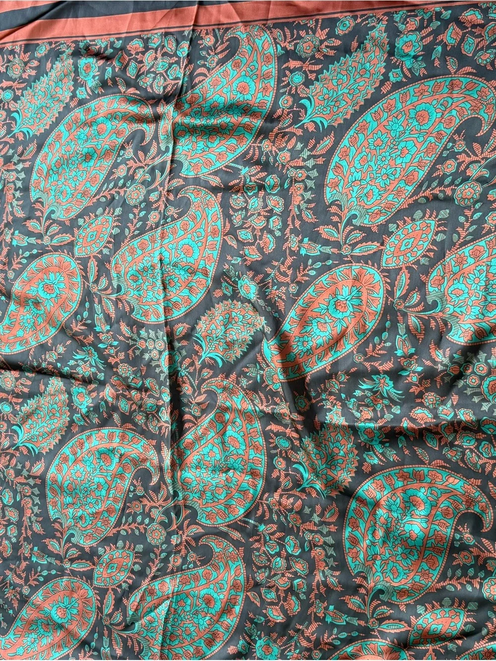 Paisley Silk-Feel Wrap Scarf in Teal & Rust